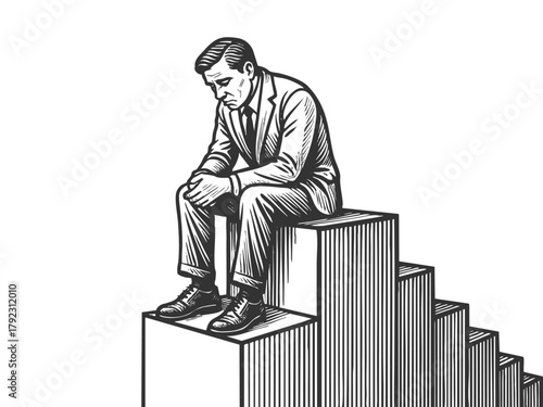businessman sitting alone at the top of a staircase, isolation and emptiness despite achievement sketch engraving generative ai fictional character vector illustration. Scratch board. Black and white.