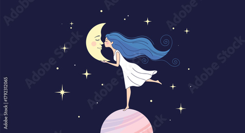 A whimsical illustration of a young woman kissing the moon under a starry night sky.