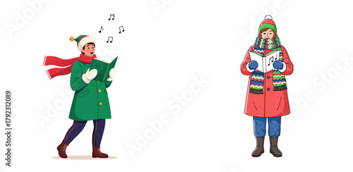 Holiday caroler singing while standing outdoors in winter attire, white background, isolated, vector, set  