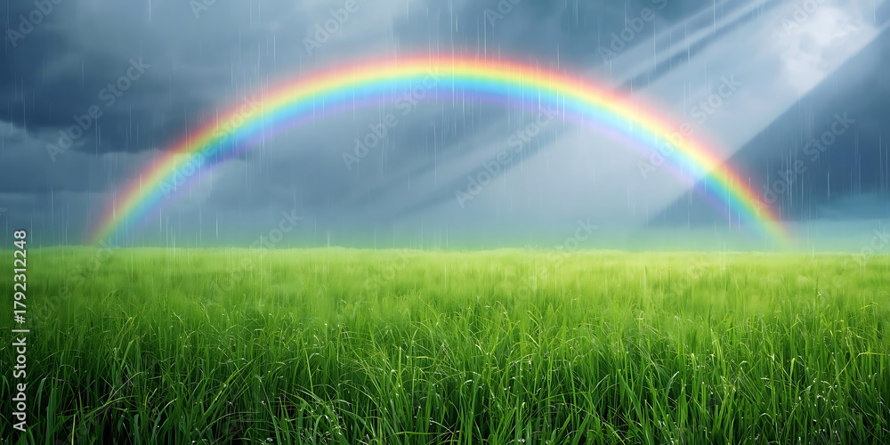 Naklejka premium Rainbow Arching Over Lush Green Field with Sunbeams