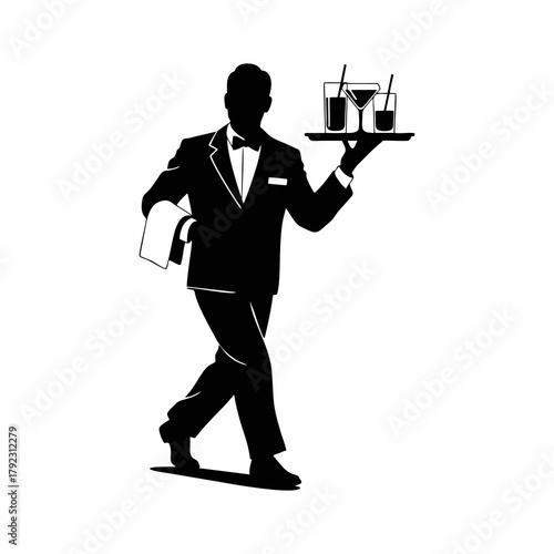 silhouette vector of a waiter carrying a tray of drinks
