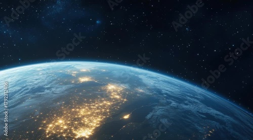 aerial view of the earth at night, city lights glowing, dark sky with stars, detailed, realistic