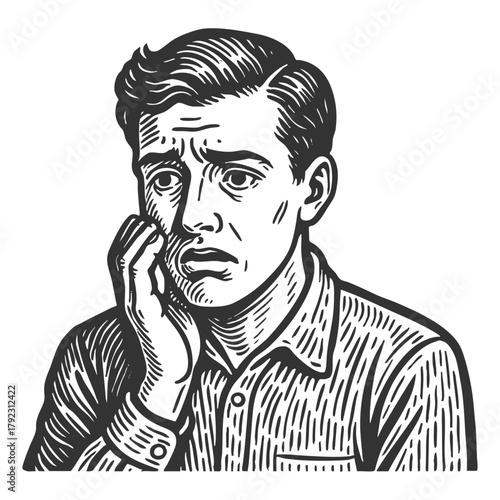 distressed man touching his cheek, expressing worry, fear, or emotional discomfort sketch engraving generative ai fictional character vector illustration. Scratch board imitation. Black and white.