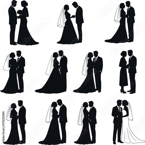 Isolated a  kinds of deferent Silhouettes of bride and groom vector art with white background..