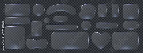 Modern transparent frame with 3d glass button shapes for ui design and morphism style. Glossy interface elements highlight smooth button concept and glass morphism aesthetics.