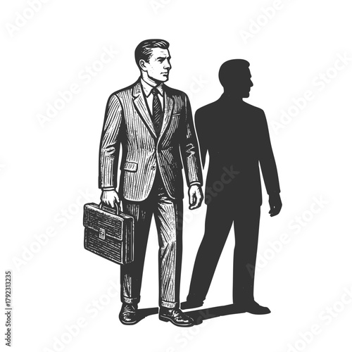 businessman in a hat holding a briefcase, with a large shadow behind him, duality or hidden self sketch engraving generative ai fictional character vector illustration. Scratch board. Black and white.