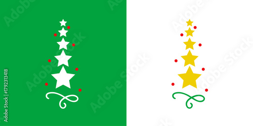 Logo con estrellas con forma de árbol de navidad con círculos como bolas de navidad para tarjetas y felicitaciones 
