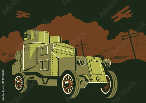 Armored Car of First World War. 1910s - 1920s Retro Armored Car with machine guns Vector Illustration