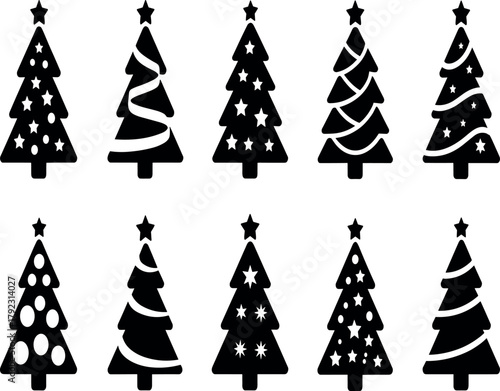 Black Christmas Tree and Ornament Icons Vector Set