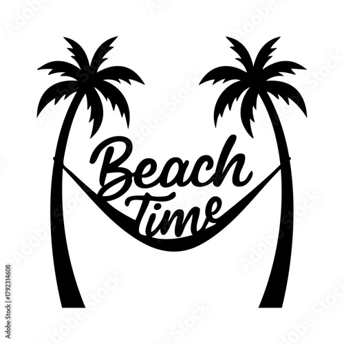 Logo con mensaje Beach Time en caligrafía con forma de hamaca entre silueta de dos palmeras 