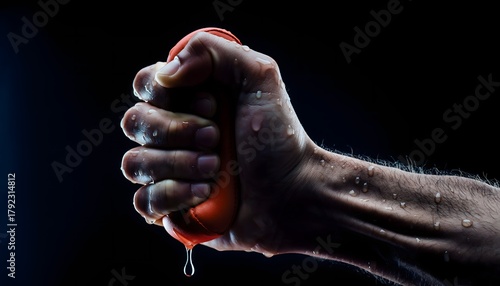 Close up of hand squeezing orange with water droplets for health and wellness concept art