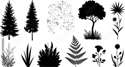 Diverse Nature Plant Silhouettes Vector Collection