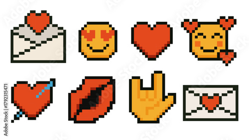 Set of colorful pixel art love icons in retro 8 bit style isolated on white background. Includes hearts, love letters, smiling emojis, kisses and affectionate hand symbols. Perfect for Valentines Day