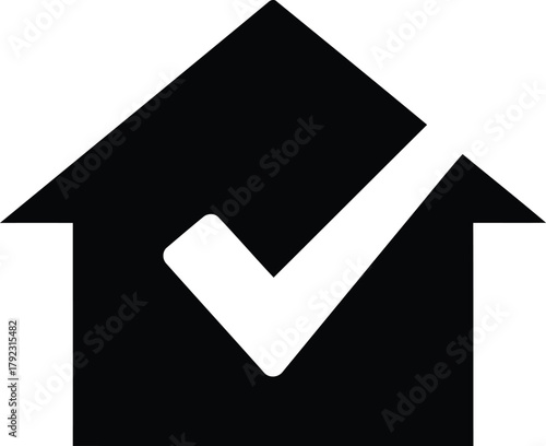 Black and white house icon with checkmark inside representing home approval and residential real estate safety and security assurance for property ownership