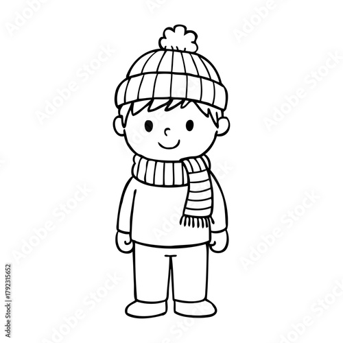 Dibujo sencillo con líneas de niño simpático de pie con ropa de invierno 