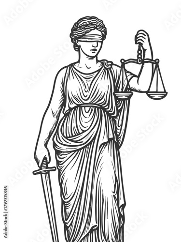 Lady Justice wearing a blindfold, holding balance scales and a sword, fairness and law sketch engraving generative ai fictional character vector illustration. Scratch board imitation. Black and white.