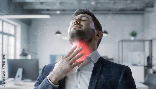 Man with sore throat pain touching neck office business professional health care concept