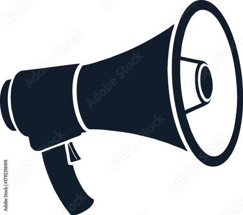 Dark blue megaphone on a white background symbolizing communication and announcements for marketing and public relations campaigns ideal for social media and advertising