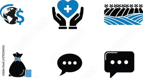 Business and Social Issues Concept with Agriculture Healthcare Finance and Communication Icons Representing Global Economy Development Community Support and Information Exchange Networks