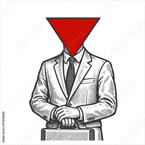 man in a suit holding a briefcase, with a red upside-down triangle instead of a head sketch engraving generative ai fictional character vector illustration. Scratch board imitation. Black and white.