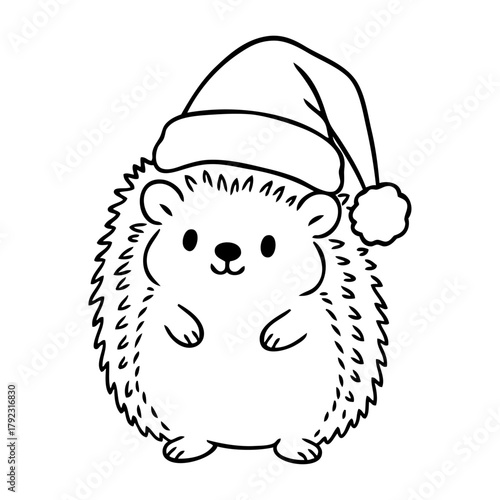 Dibujo sencillo con líneas de erizo simpático con sombrero de Santa Claus para tarjetas y felicitaciones de Navidad