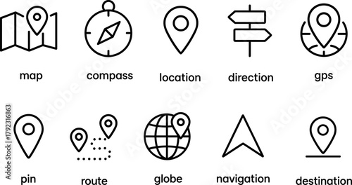 Location and navigation icons set. Map pin, route, destination, global positioning. Outline vector illustrations