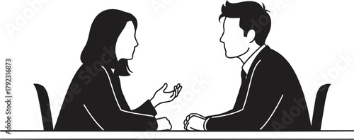 Business meeting illustration showing a man and woman in suits discussing strategy at a table in a minimalist black and white style perfect for corporate presentations