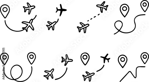 Location and navigation icons set. Map pin, route, destination, global positioning. Outline vector illustrations