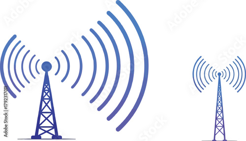 Two communication towers emitting radio waves in a vector illustration against a white background showing wireless technology and network connectivity for telecommunications