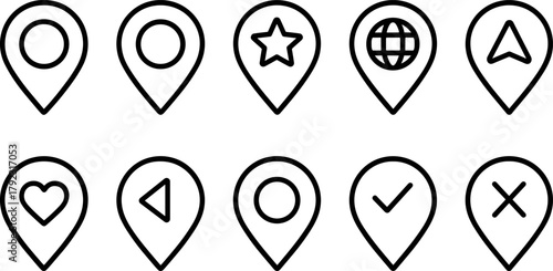 Location and navigation icons set. Map pin, route, destination, global positioning. Outline vector illustrations