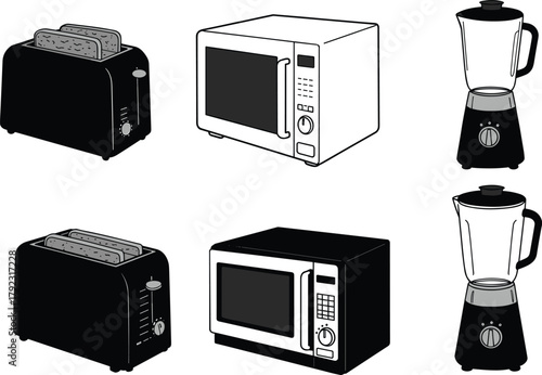 Kitchen appliance vector set with toaster, microwave, blender in flat and shaded styles for cooking, culinary, home, and design themes.