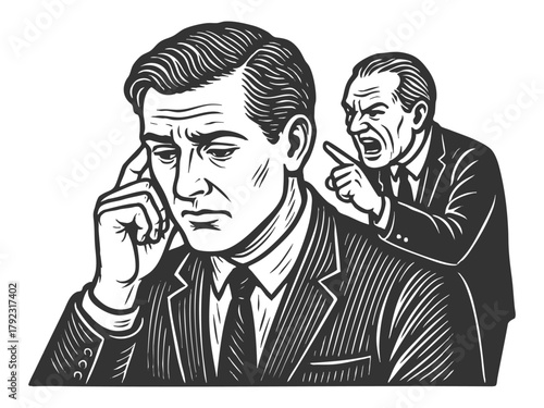 man looking distressed with inner critic, angrily points and yells sketch engraving generative ai fictional character vector illustration. Scratch board imitation. Black and white image.