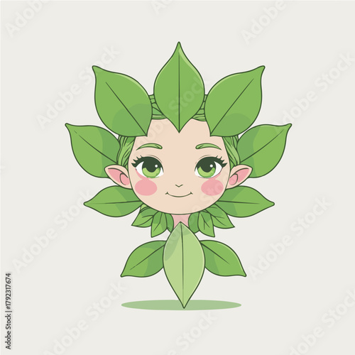 a small green leaf nymph with heart petals and a shy smile