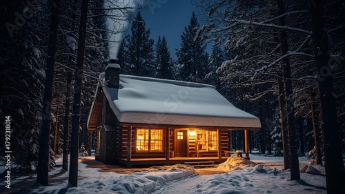 Illuminated log cabin isolated snowy forest night full moon winter peaceful cozy warm lights wooden chimney smoke pine trees scenic wilderness retreat remote


