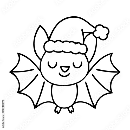 Dibujo sencillo con líneas de murciélago simpático con sombrero de Santa Claus para tarjetas y felicitaciones de Navidad
