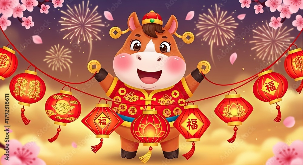 Naklejka premium Cute Cartoon Horse Celebrating Chinese New Year with Red Lanterns and Fireworks Display