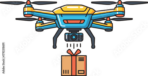 A blue and yellow drone delivers a package with a red ribbon.
