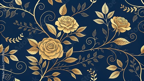 Elegant golden rose floral pattern on deep navy blue background