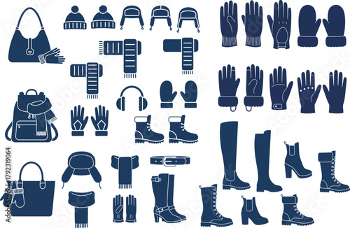 Modern flat color silhouette vector collection inspired by stylish winter accessories and fashion elements. perfect for fashion branding and winter promotions.