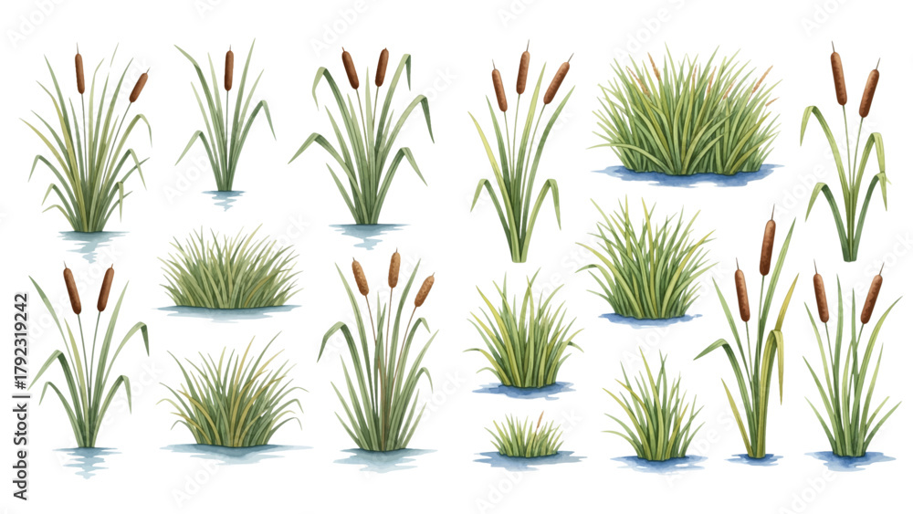 Αυτοκόλλητο A collection of realistic watercolor illustrations depicting various cattails, reeds, and wetland grasses growing in water, isolated on a transparent background