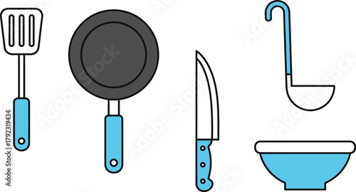 A collection of kitchen utensils including a spatula, frying pan, knife, ladle, and bowl.