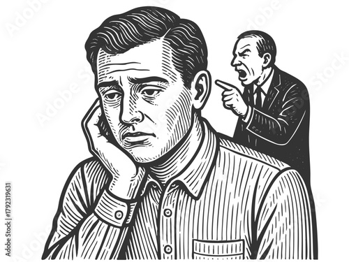 man looking distressed with inner critic, angrily points and yells sketch engraving generative ai fictional character vector illustration. Scratch board imitation. Black and white image.