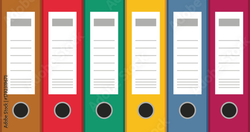 Six colorful ring binders with blank white labels and metal rings folder stationery