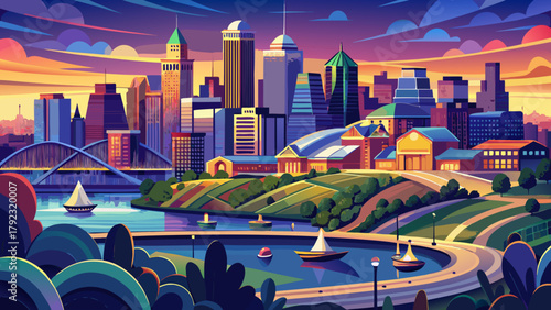 Very beautiful aerial view of the Kansas City skyline at dusk, viewed from Penn Valley Park, showcasing illuminated skyscrapers, bridges, and the winding river, capturing the vibrant energy and urban 