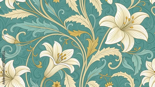 Elegant teal floral pattern with creamy white lilies and golden accents