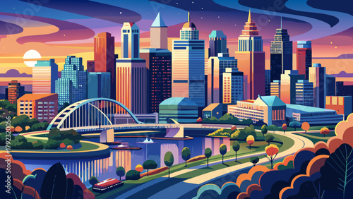 Very beautiful aerial view of the Kansas City skyline at dusk, viewed from Penn Valley Park, showcasing illuminated skyscrapers, bridges, and the winding river, capturing the vibrant energy and urban 