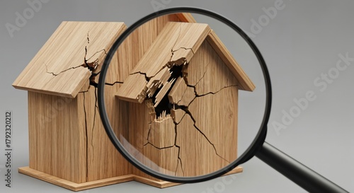 Magnifying glass examining a severely cracked and broken wooden model house, symbolizing property damage, home inspection, or real estate problems.