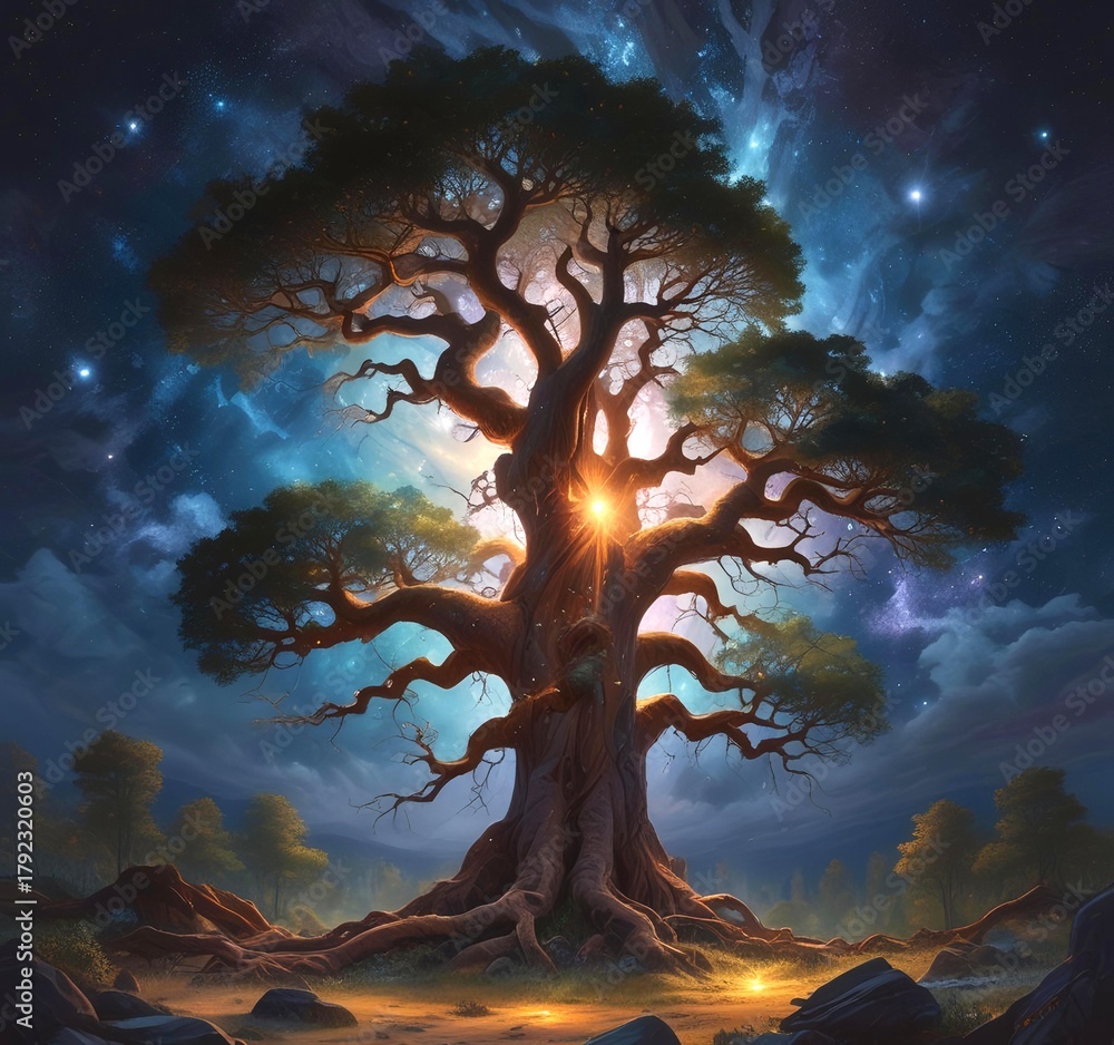 Fototapeta premium A massive tree glowing with cosmic light