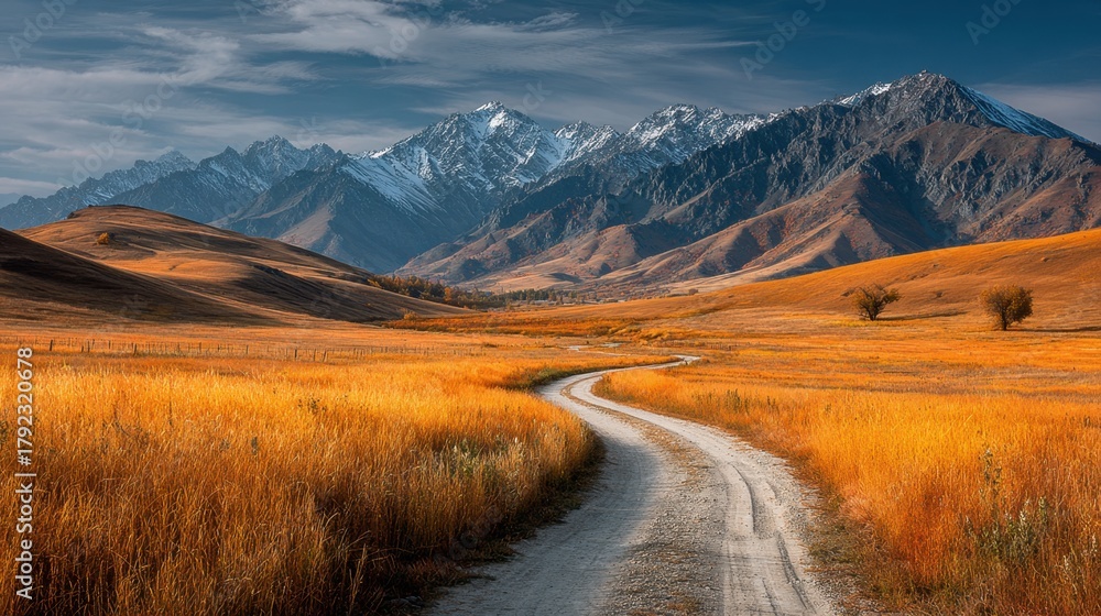 Obraz premium Winding path through golden meadows to snowy peaks in autumn landscape, near Rocky Mountain National Park, Colorado