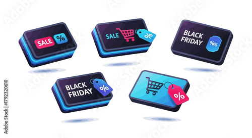 Floating Digital Screens Icons Set for Black Friday Vector Illustration